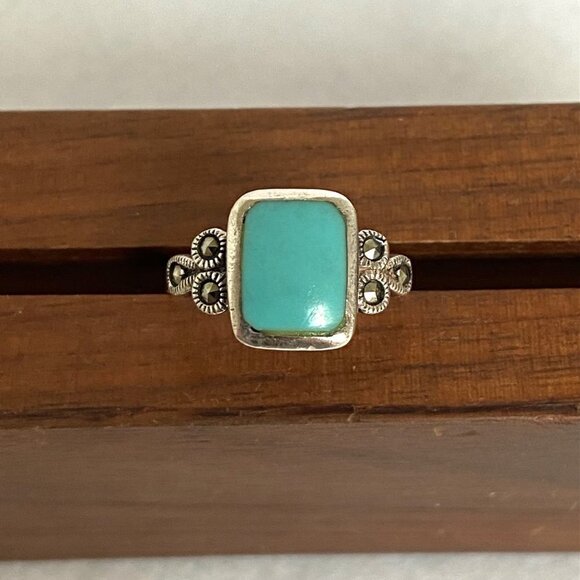 Sterling Silver 925 Rectangular Faux Turquoise Inlay Marcasite Shank Ring Sz 6.5 - Picture 12 of 16